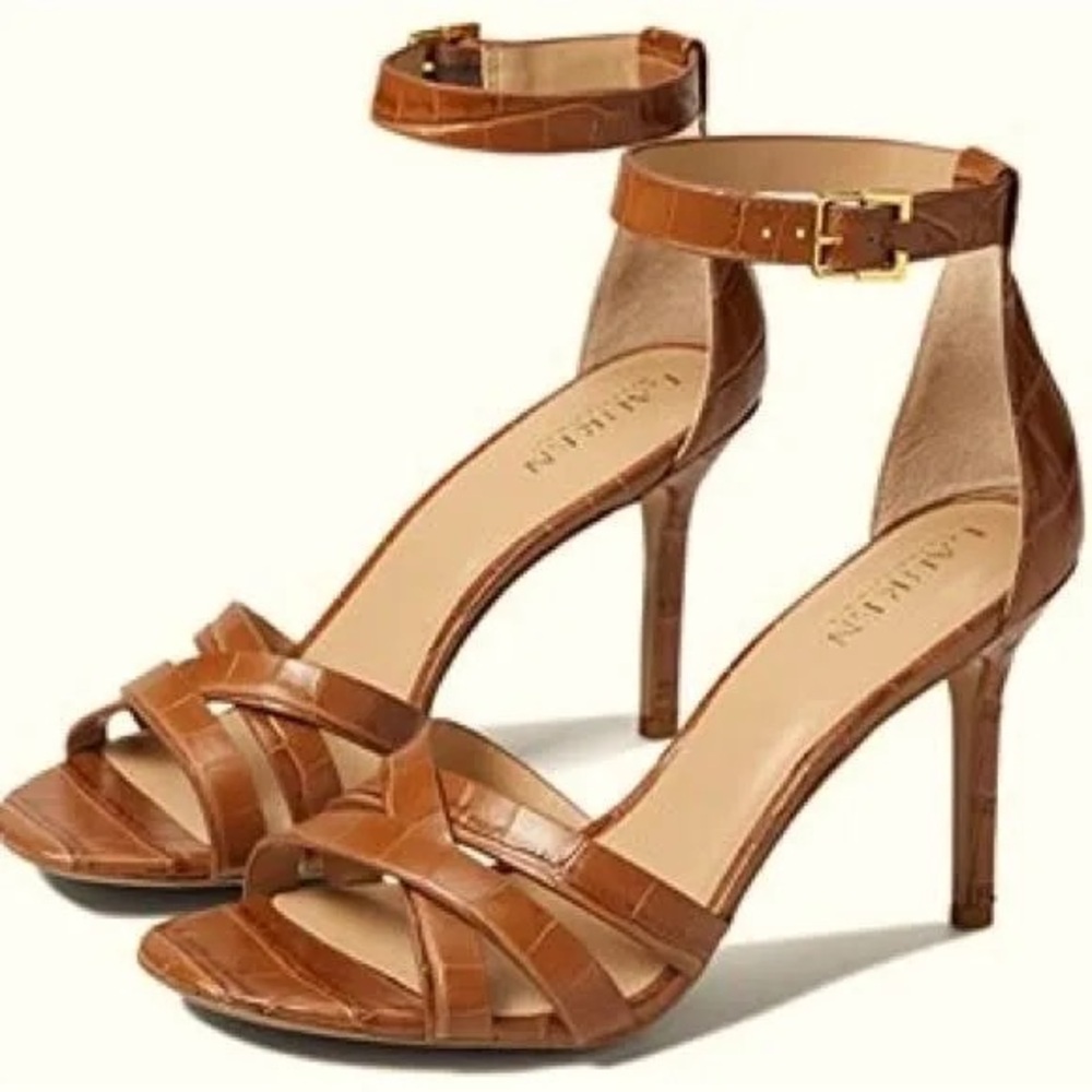 Lauren Ralph Lauren Grayce Crocodile Brown Embossed Strappy Heels
